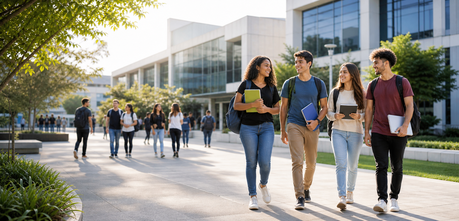 Estudantes caminhando em um campus universitário moderno